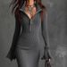 Elegant Knit Fishtail Dress With Zip Collar & Flared Sleeves – Stretchy Polyester Blend For Women’s Fall Wardrobe_ecoleips.com