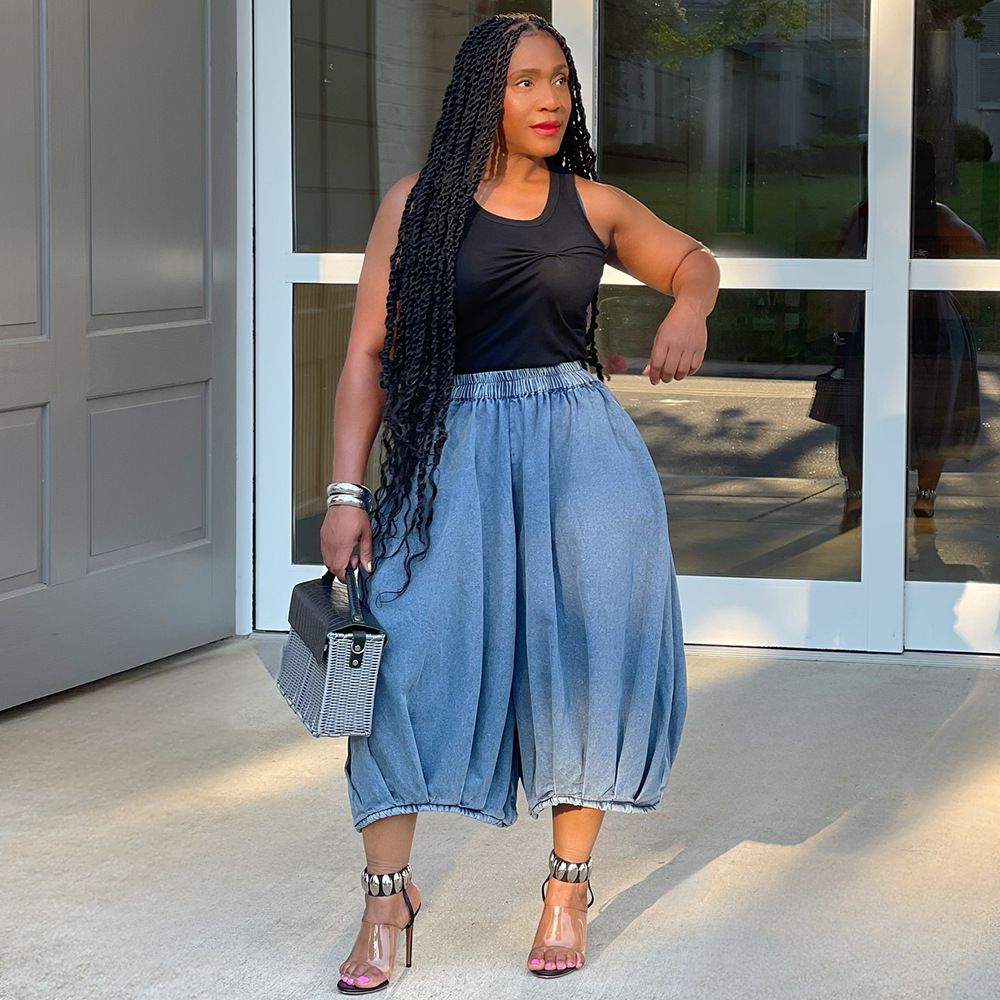 Women's Clothing Street Fashion Casual Jeans Elastic Waist Straight Wide Leg Cropped Pants_ecoleips.com