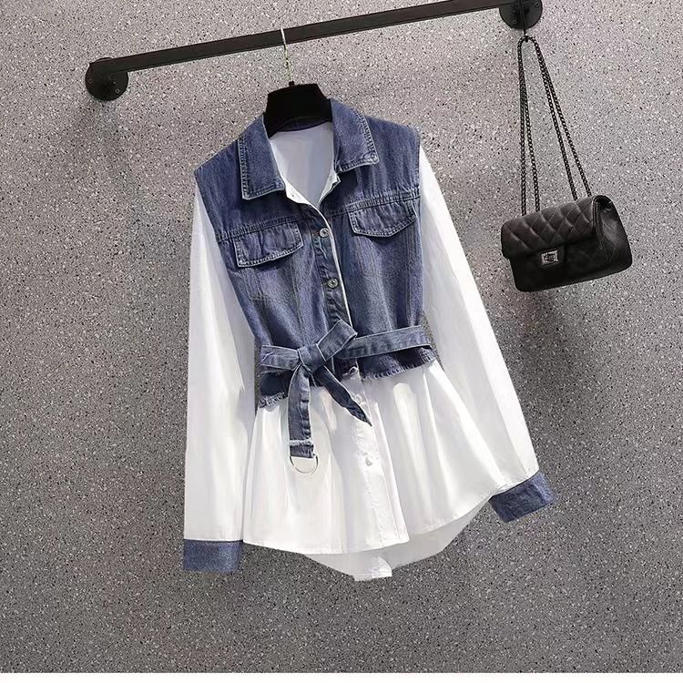 Women's Clothing New Large Size Fat Girl Fashion Street Design Two Piece Shirt Top Splicing Denim_ecoleips.com