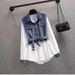 Women's Clothing New Large Size Fat Girl Fashion Street Design Two Piece Shirt Top Splicing Denim_ecoleips.com