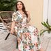 Women’s Clothing Large Size Loose V Neck Dress Women's Elastic Waist Short Sleeves Printed Long Skirt_ecoleips.com
