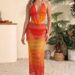 Women's Clothing Blue Green Gradient Knitted Swimsuit Set Women's Long Skirt Swimwear Hollowed Out See Through Hot Spring Beach Style_ecoleips.com