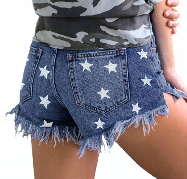 SC Women's High-Waisted Tassel Star Print Shorts European American Style Denim Clothing for Ladies_ecoleips.com