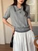 K New School Style Polo Collar Short Sleeved Knitted Sweater With Contrasting Colors_ecoleips.com