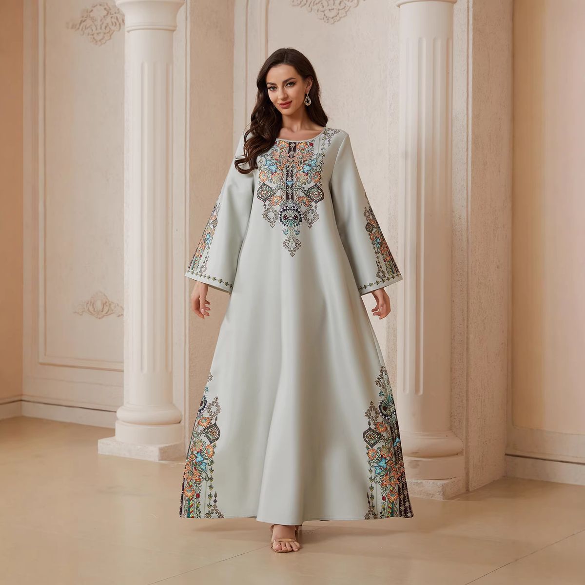 SW2602 Long Robe Turkish Print Dress Ethnic Style Gown For Women Muslim Fashion_ecoleips.com