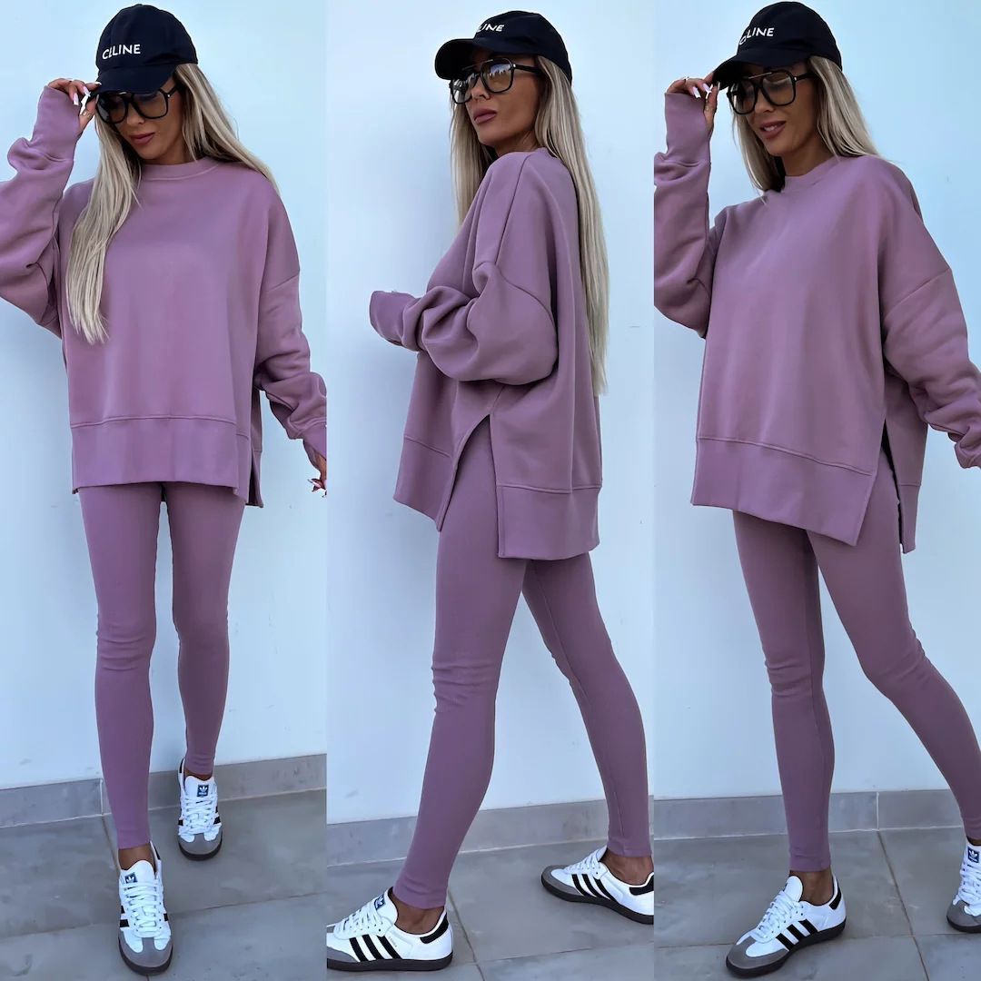 Women's Spring Casual Two Piece Set Tight Trousers And Loose Sweater Polyester Comfortable Fit Pant Suit For Winter_ecoleips.com