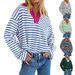 Women's Oversized Stripe Polo Collar Long Sleeve Sweatshirt – Casual Streetwear Cotton Blend Fall/Winter Fashion_ecoleips.com