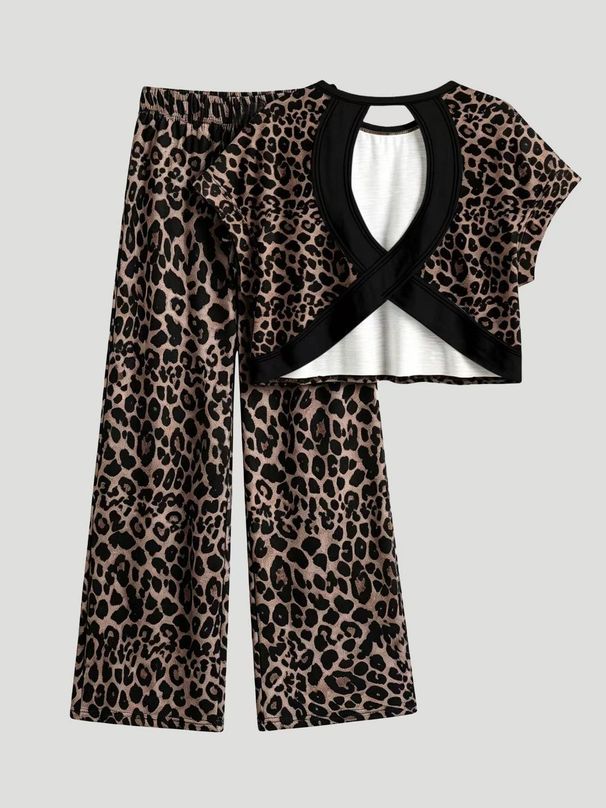 Women's Leopard Print Two-Piece Set Short Sleeve Wide Leg Pants Casual Summer Home Wear Loose Comfortable Fashionable Trendy_ecoleips.com