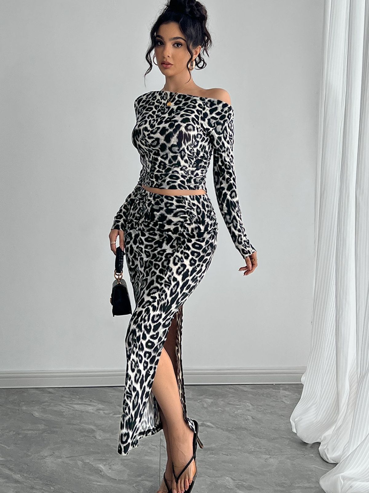 Women's Sexy Leopard Print Two Piece Set Fitted Long Skirt Style Autumn New Clothing_ecoleips.com