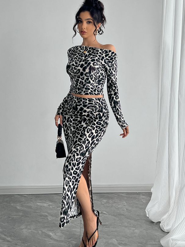 Women's Sexy Leopard Print Two Piece Set Fitted Long Skirt Style Autumn New Clothing_ecoleips.com