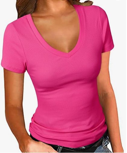 Women's V-Neck T-Shirt Solid Color Basic Short Sleeve Popular Top_ecoleips.com