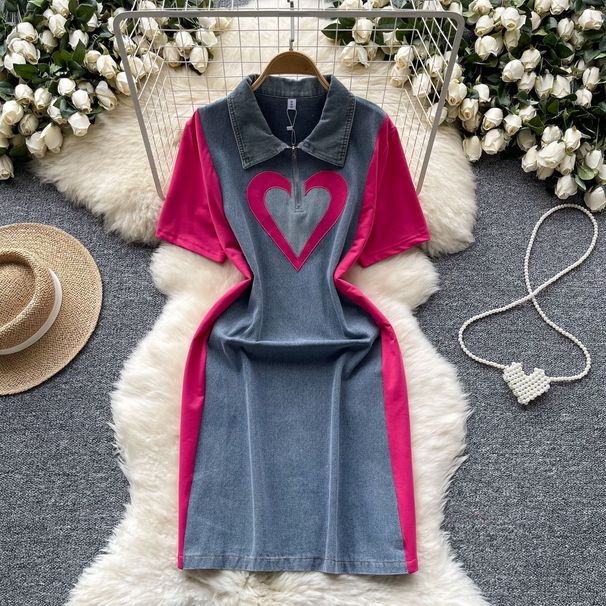 Women's Clothing Fashion Contrast Color Stitching Polo Collar Short Sleeve Denim Slim Mid Length Skirt_ecoleips.com