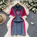 Women's Clothing Fashion Contrast Color Stitching Polo Collar Short Sleeve Denim Slim Mid Length Skirt_ecoleips.com