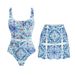 Women's Blue White Porcelain Print One Piece Swimsuit Sleeveless Wire-Free Vacation Suit_ecoleips.com