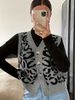 V-Neck Leopard Print Cardigan Knit Sleeveless Duster (Polyester Open-Front Cover-Up, Streetwear Inspired)_ecoleips.com