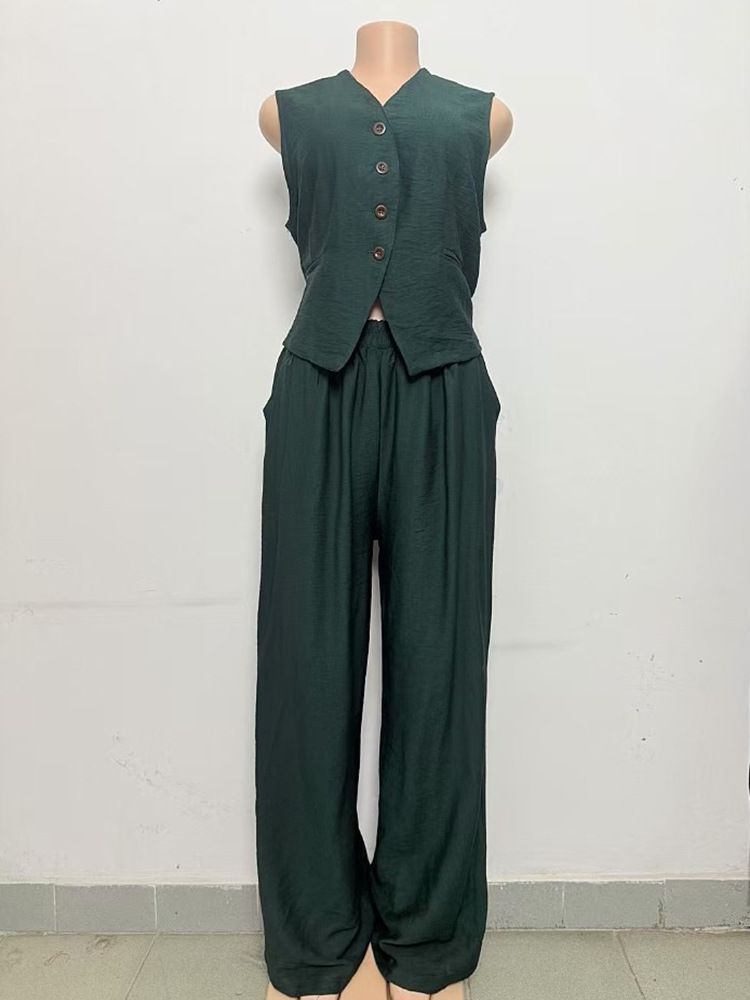 Women's Clothing Retro Solid Color Single Breasted Vest Vest Two Piece Set High Waist Wide Leg Trousers Fashion Suit_ecoleips.com