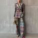 Women's Clothing Chic Checkered Pantsuit For Women – Office-Ready Blazer & Trousers Set With Slim Fit & Stretch Polyester (Pink-Blue Mix, S-XXL)_ecoleips.com