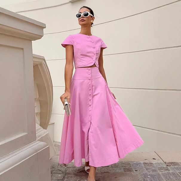 Women's Clothing Elegant A Line Long Skirt Suit Pink Shirt Skirt Two Piece Suit_ecoleips.com