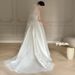 Elegant French Satin A-Line Wedding Dress With Detachable Bow & Train For Bride, Modest Chapel Length Gown_ecoleips.com