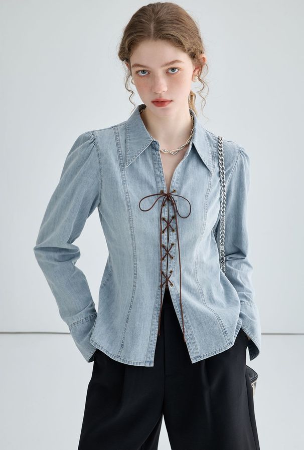 Independent Station 2025 New Spring Cross-Border Design: Women's Tie-Up Long-Sleeve Split-Waist Denim Shirt Jacket_ecoleips.com