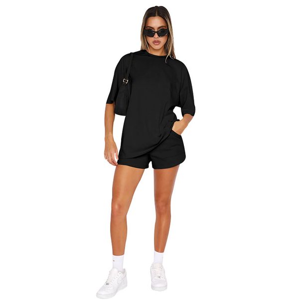 K New Solid Color Round Neck Pullover Mid Sleeve Top For Women's Fashion Casual Shorts Set_ecoleips.com