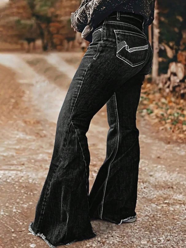 Women's Clothing Plus Size Clothes Retro Embroidered Jeans Mid Rise Stretch Flared Pants Washed Frayed Edges For Women_ecoleips.com