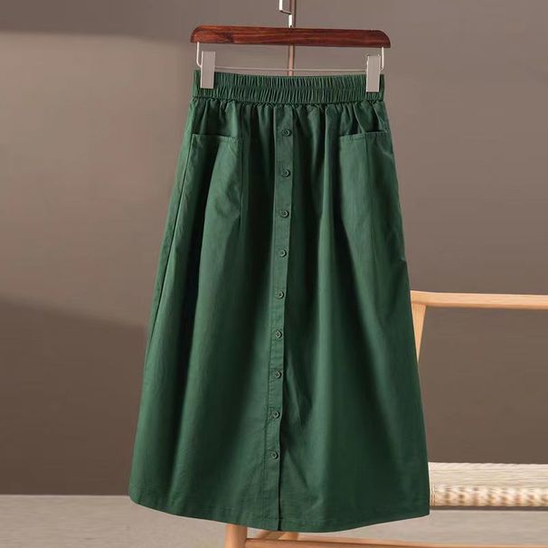 Women's Cotton A-Line Skirt Button down Elastic Waist Korean Style Casual Mid-Length Skirt_ecoleips.com