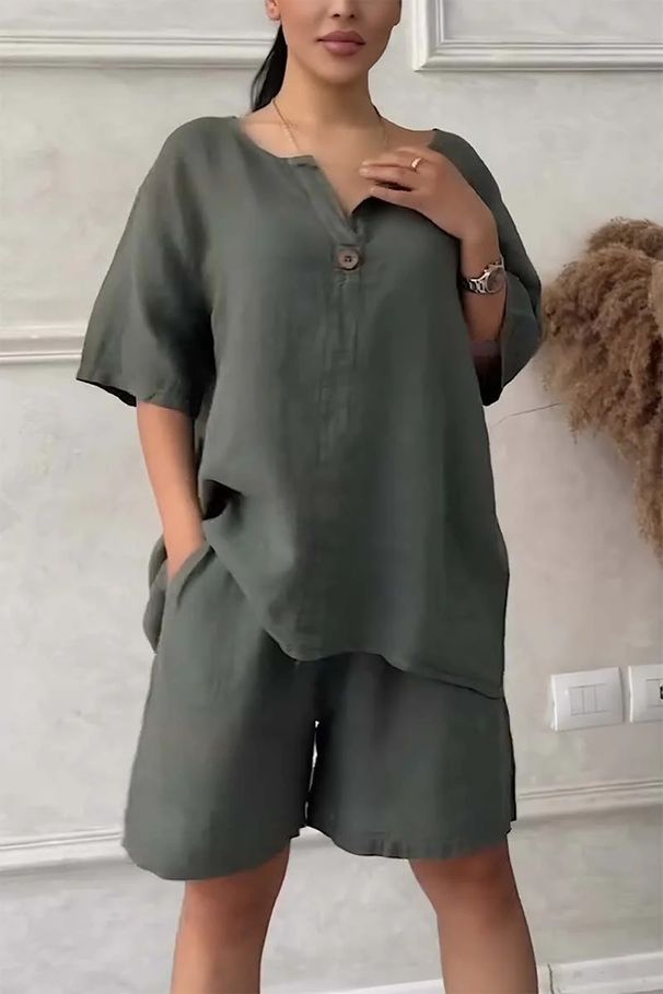 Women's Clothing Summer New Women's 2 piece Set Large Size Cotton and Linen Shirt Set High Waist Loose Shorts_ecoleips.com