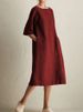 Plus Size Boho Pocket Dress – Breathable Linen-Blend Midi Dress With 3/4 Sleeves (Khaki/Burgundy/Gray/Black, S-4XL)_ecoleips.com