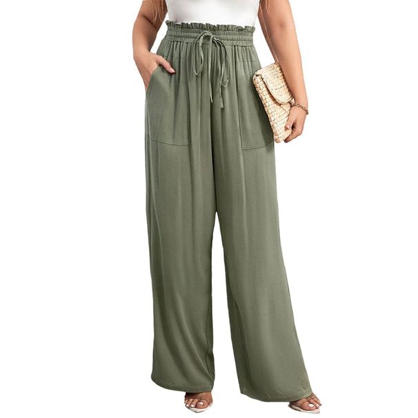 Voya European American Style Women's Wide-leg Pants With Drawstring Elastic Waist, Comfortable Drape, Vacation Leisure Cotton-Feeling Wide-Leg Pants_ecoleips.com
