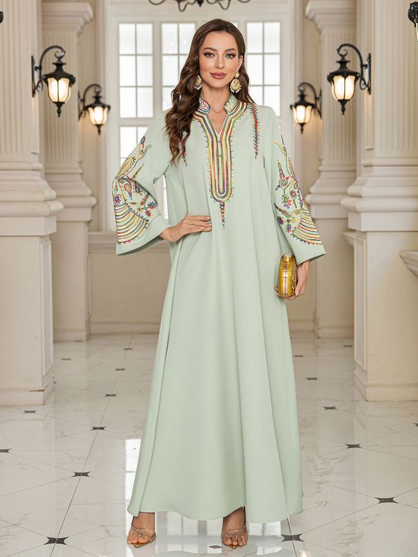 Modest Abaya Dress Muslim Women's Cross-Embroidered Robe Middle Eastern Style Casual Dress For Dubai Travel Polyester_ecoleips.com