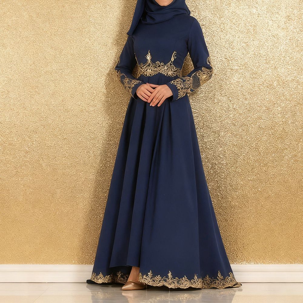 Elegant Winter Floral Embroidered High Waist A-Line Long Sleeve Maxi Dress For Women - Chiffon Fabric With Stretchy Comfort_ecoleips.com