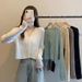 White Long-sleeved Sun-protective Cardigan, Slim-fit Short Outer Top, Thin Ruffled V-neck Knit Sweater For Women_ecoleips.com