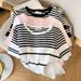 Women's Rib-Knit Ice Silk Short Sleeve Top, Striped Cropped Tee For Summer, Soft Breathable Casual Shirt_ecoleips.com