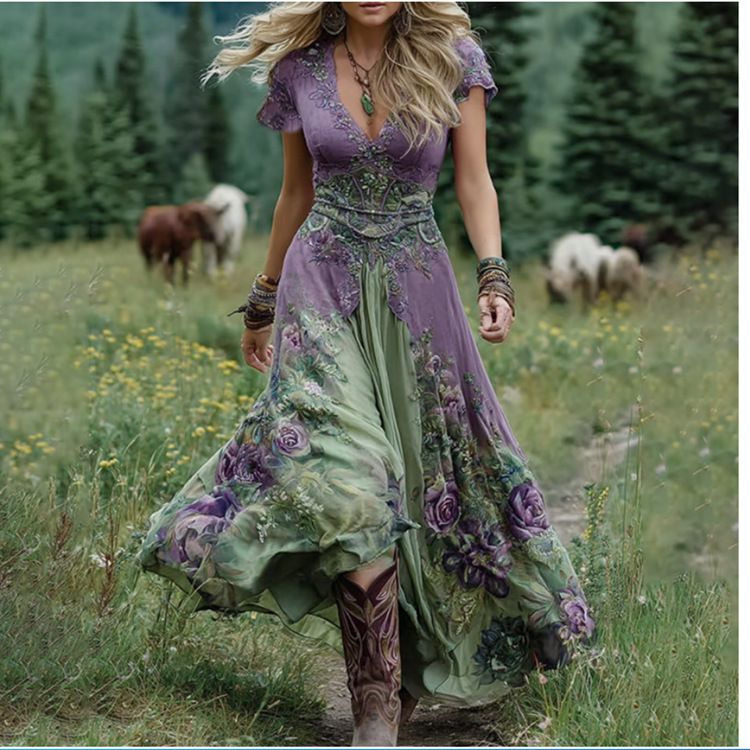 Women's Clothing Plus Size Women's Floral Pattern Dress Loose Fitting Versatile Deep V Neck Short Sleeve For Formal & Casual For Women_ecoleips.com