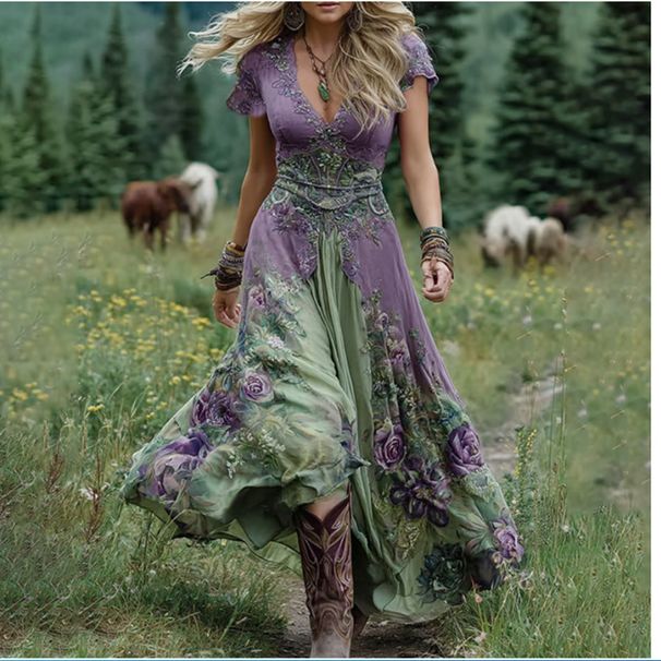 Women's Clothing Plus Size Women's Floral Pattern Dress Loose Fitting Versatile Deep V Neck Short Sleeve For Formal & Casual For Women_ecoleips.com