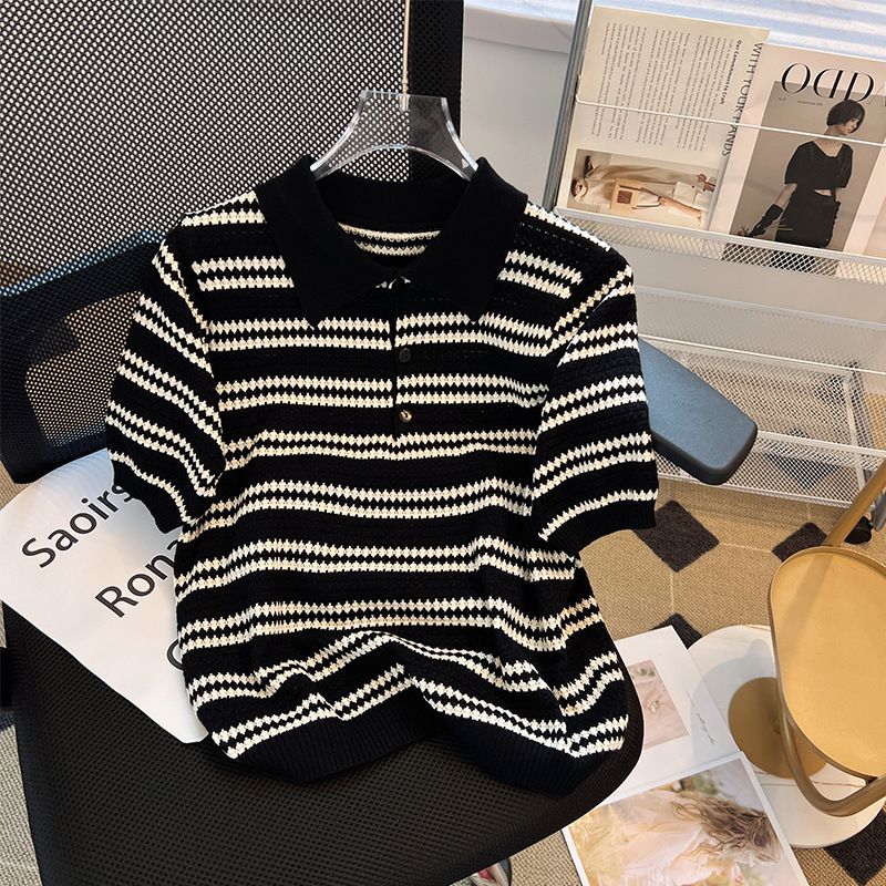 Women's Clothing Ice Silk Knit Striped T-Shirt Short Sleeve Plus Size Summer New Style_ecoleips.com