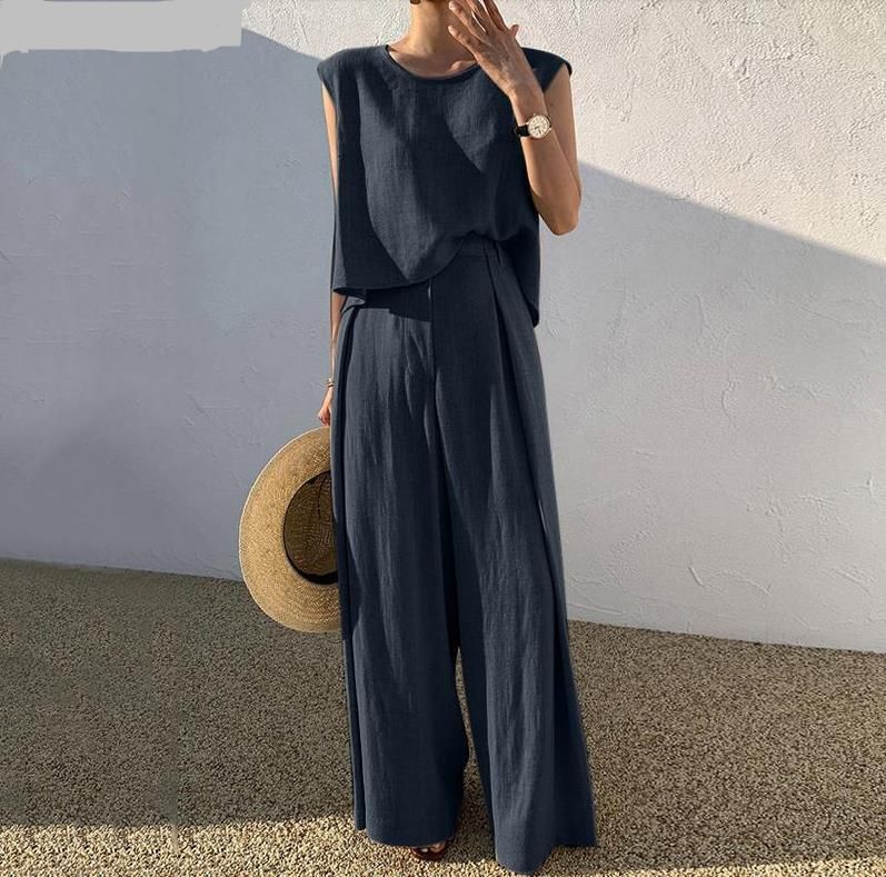 Women's Clothing Spring And Summer New Cotton And Linen Fashion Casual Loose Two Piece Sleeveless Top Loose Wide Leg Pants Women's_ecoleips.com