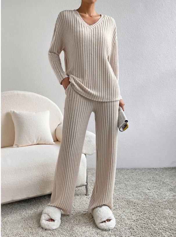Two-Piece Set Of Women's Autumn Fashion Casual Straight-Leg Pants With A Loose V-Neck And Pit Stripe Knitted Top_ecoleips.com