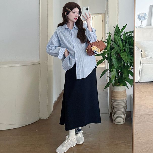 Autumn New Korean Fashion V-Neck Vest Long + Striped Shirt Two-Piece Set Maternity Dress_ecoleips.com