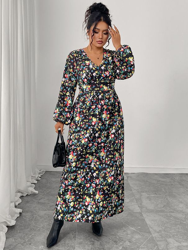 Women's Clothing Plus Size Clothes "Elegant V-Neck High-Waisted Maxi Dress – Flowy Puff Sleeve Black Dress For Women, Slimming & Comfortable"_ecoleips.com