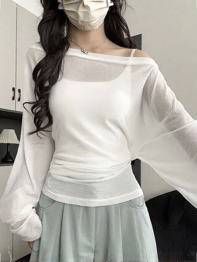 See Through Long Sleeve Oversize T Shirt Women Sexy Back Bandage Off Shoulder Top Female Basic Long Tees Korean Chic Lady New_ecoleips.com