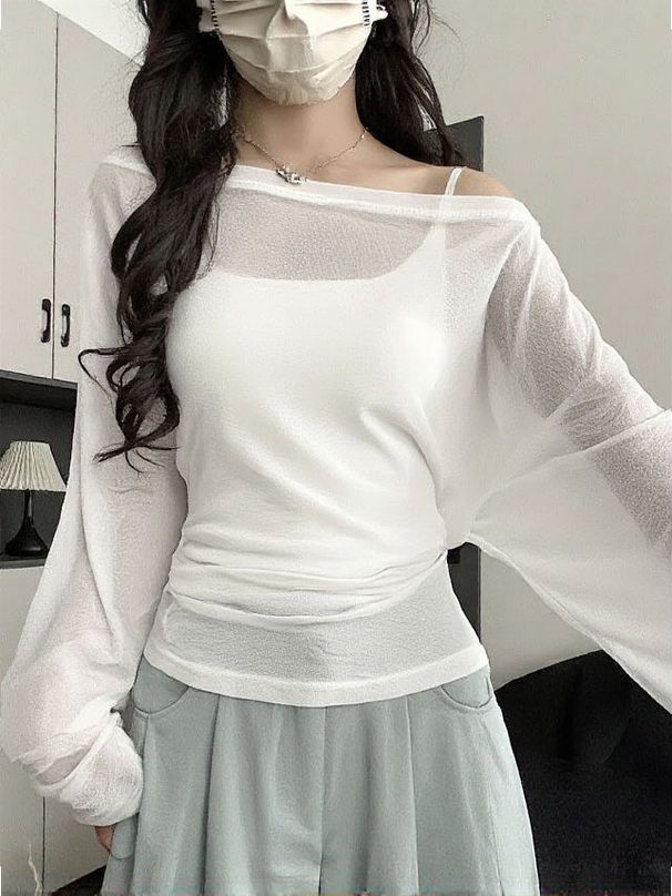 See Through Long Sleeve Oversize T Shirt Women Sexy Back Bandage Off Shoulder Top Female Basic Long Tees Korean Chic Lady New_ecoleips.com