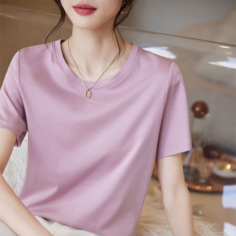High-end Cotton Short-sleeved T-shirt Women's 2026 New Solid Color Loose Half-sleeved T-shirt Top Summer_ecoleips.com
