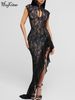 Hugcitar Ruffles Floral Print Turtleneck Sleeveless Patchwork Lace Slim Maxi Dress Irregular Women Outfit Party Club Festival_ecoleips.com