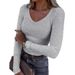 Cross-Border New European And American Hot-Selling Ribbed Slim-Fit Long-Sleeve Sexy V-Neck Casual Women's T-Shirt_ecoleips.com