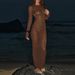 Summer Vacation Hollow Backless Robe Dress Women's Simple Solid Beach Cover Up Dresses Leisure O-neck Long Sleeved Knitted Dress_ecoleips.com