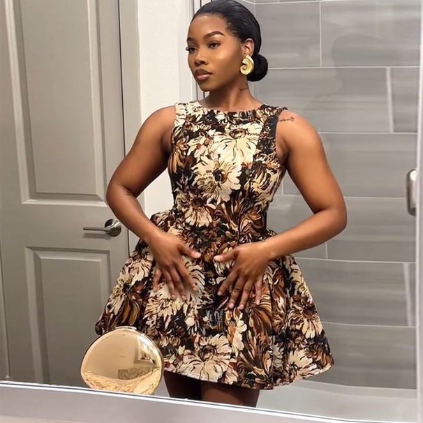Women's Clothing Summer New Temperament Round Neck Printed High Waist A- Word Sleeveless Short Dress_ecoleips.com