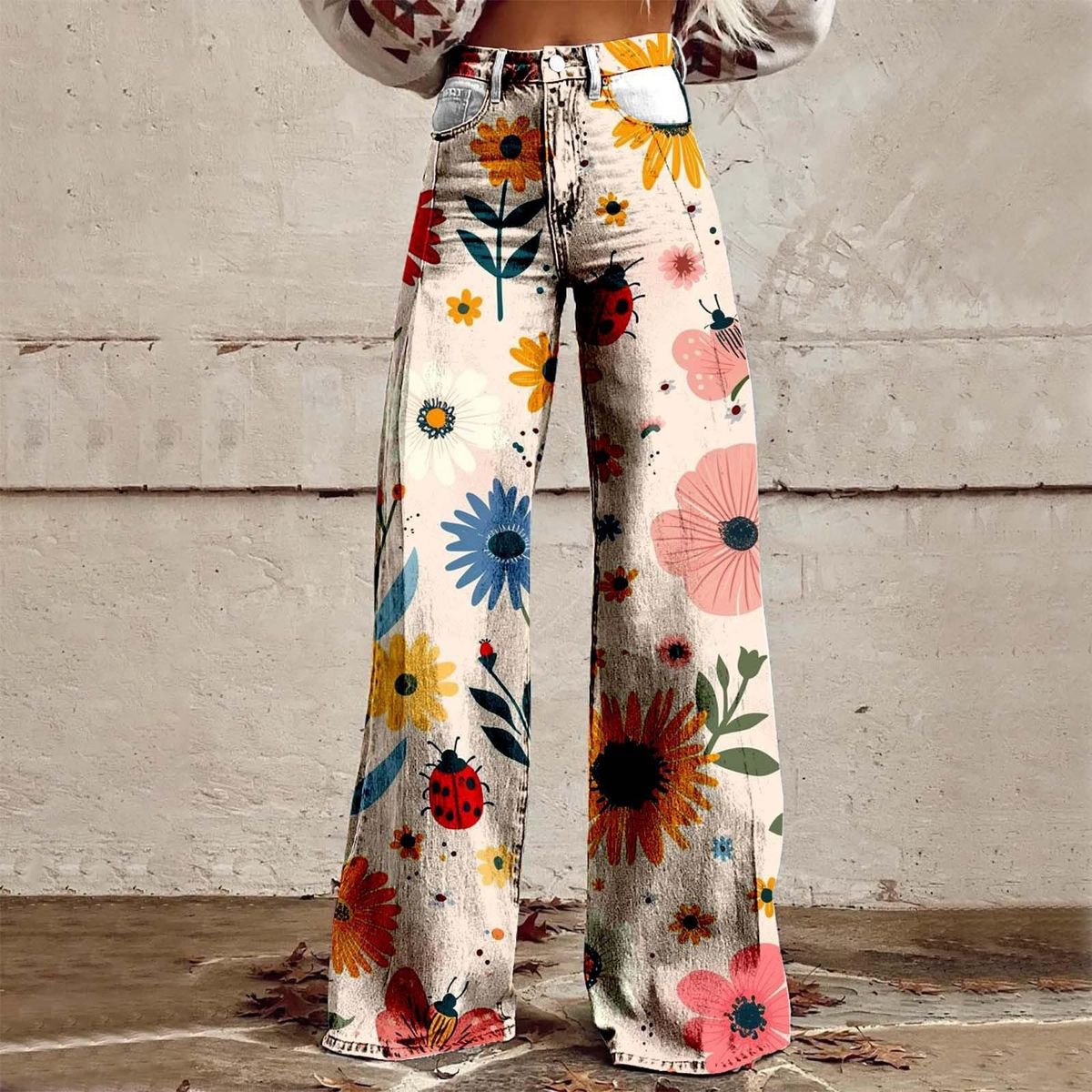 Women's Wide Leg Flare Pants Faux Denim With Five-Pointed Star Print Bohemian Casual Beach Style Cotton Jeans For Spring/Autumn & Summer_ecoleips.com