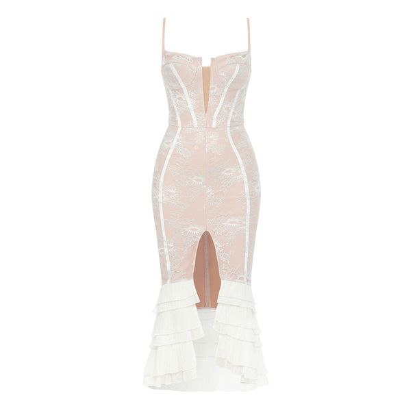 Women's bandage dress sexy lace ruffle slit hip-covering fishtail suspender skirt bandage dress_ecoleips.com
